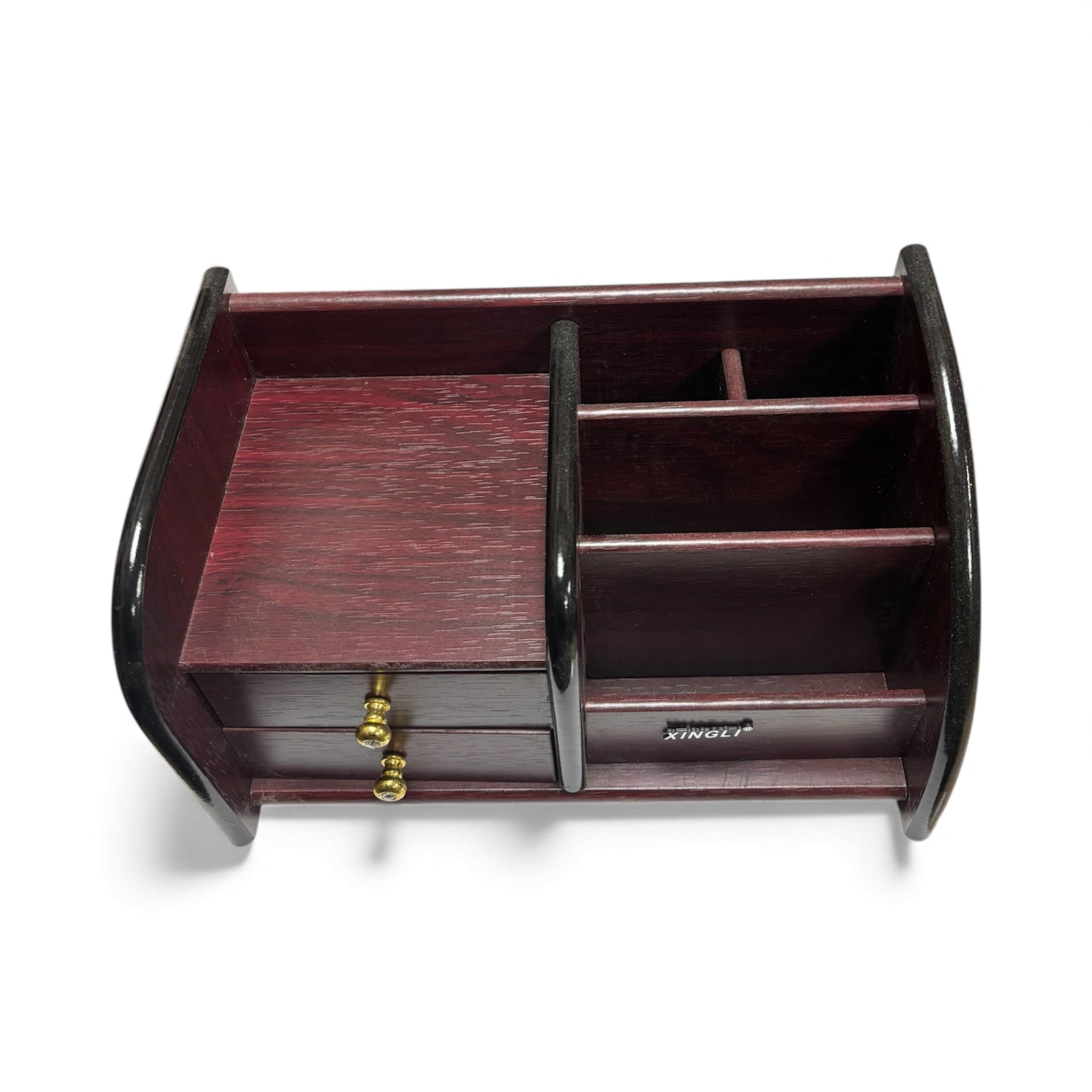 Дървен настолен органайзер с чекмеджета – тъмно бордо