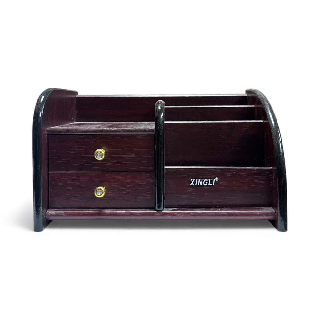 Дървен настолен органайзер с чекмеджета – тъмно бордо