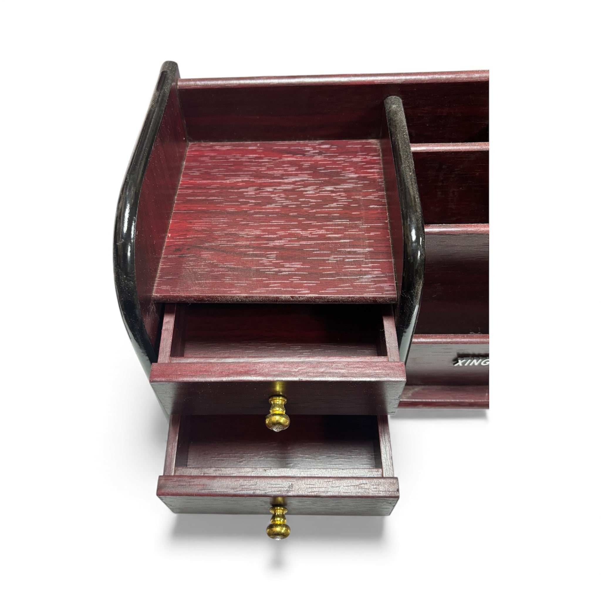 Дървен настолен органайзер с чекмеджета – тъмно бордо